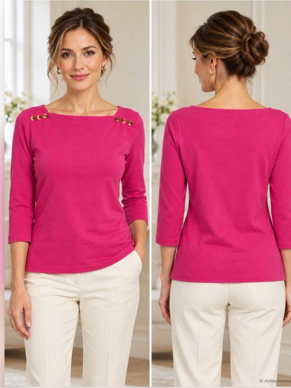 Lauren Ralph Lauren Pink Boat Neck Gold Button 3/4 Sleeve Cotton Top M